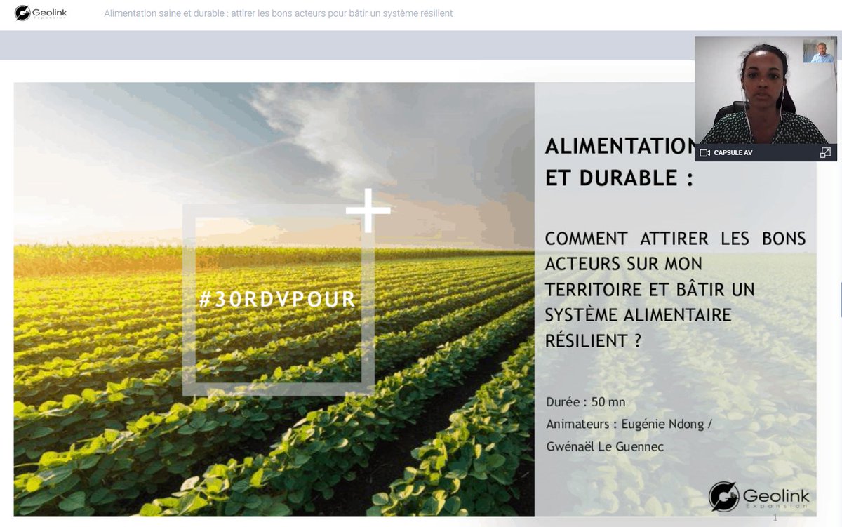 GeolinkFrance's tweet image. Le #webinar &quot;#Alimentation saine et durable : comment attirer les bons acteurs sur mon #territoire et bâtir un #système #alimentaire #résilient&quot; a commencé. Merci à tous les participants !
#30RDVPOUR #deveco