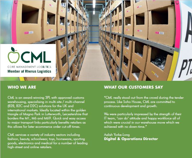 Rhenus Warehousing Solutions UK (@rhenuswsuk) on Twitter photo CML is an award winning #3PL providing value added services (VAS) & #returns management for a variety of #online & high-street retailers
Located on Magna Park, Lutterworth which is in the golden triangle & borders all of the major transport links
sales@cmlplc.com
#ecommerce CML is an award winning #3PL providing value added services (VAS) & #returns management for a variety of #online & high-street retailers
Located on Magna Park, Lutterworth which is in the golden triangle & borders all of the major transport links
sales@cmlplc.com
#ecommerce
