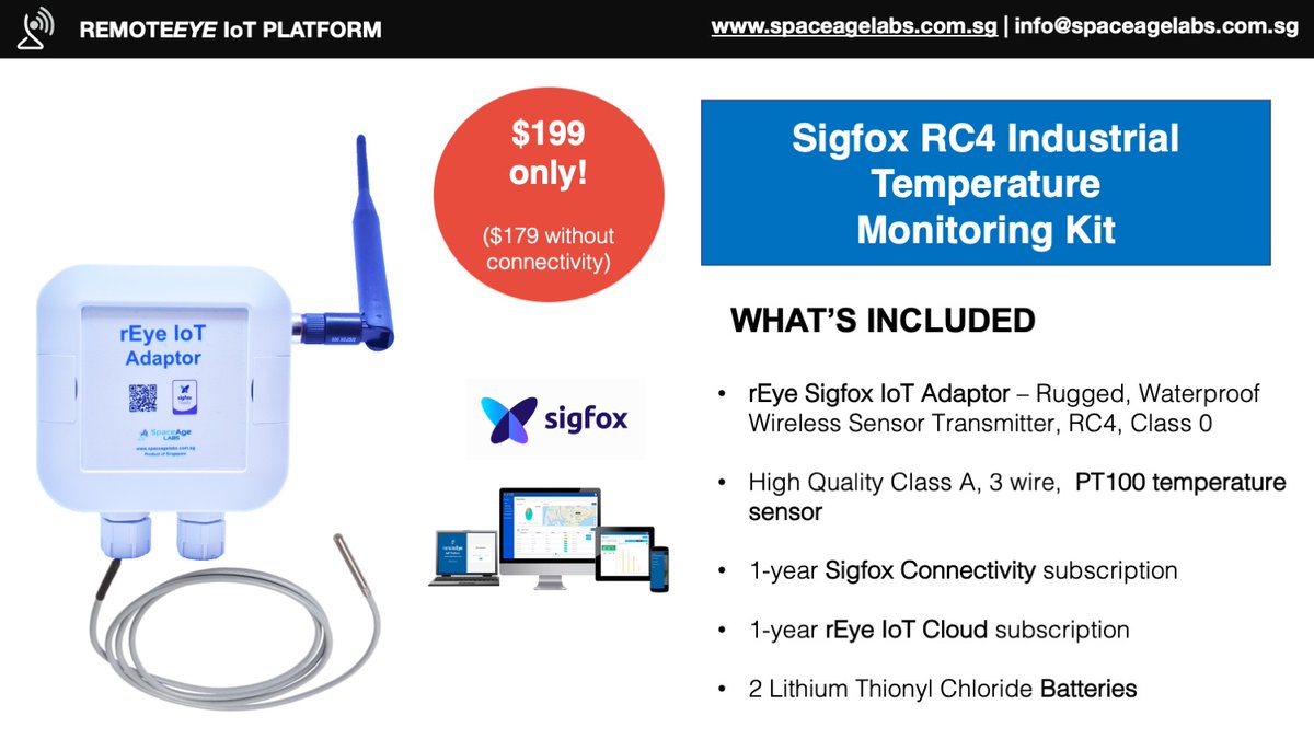 SpaceAge_Labs's tweet photo. Looking for an easy to use, long battery life, wireless temperature monitoring solution to monitor your critical assets remotely?

Get started with our end to end Sigfox temperature monitoring kit including sensor, transmitter, connectivity and software. https://t.co/LA7Txveqwf