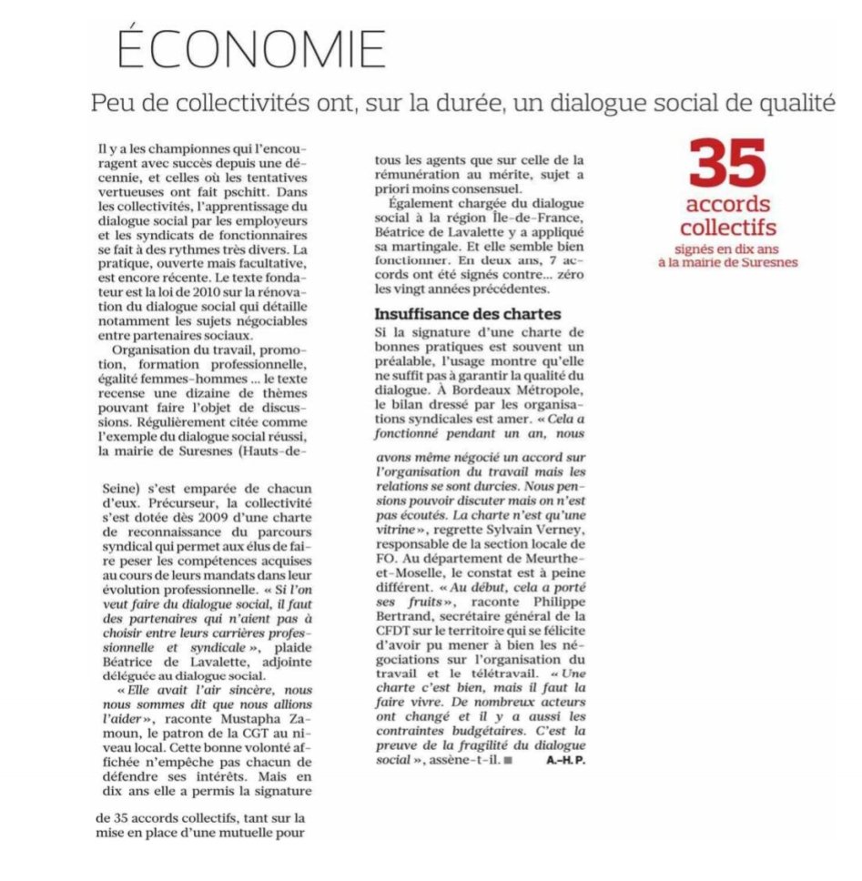 Le dialogue social innovant que j'ai construit depuis 2016 avec <a href="/vpecresse/">Valérie Pécresse</a> à la Région <a href="/iledefrance/">Région Île-de-France</a> &amp;depuis 2008 à<a href="/villedesuresnes/">Ville de Suresnes</a> est devenu aujourd'hui 1 référence.Bel article ds <a href="/Le_Figaro/">Le Figaro</a> du 17/6 qui souligne le caractère pionnier,réussi&amp;inspirant de notre démarche en France!