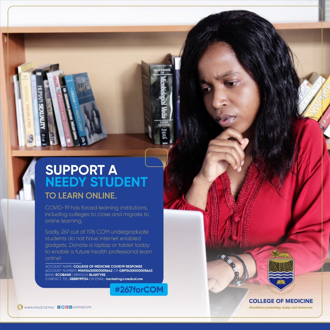 KUHeS_mw's tweet photo. #267forCOM
Support 267 needy students @unimacom by donating laptops or tablets to enable them attend online classes @MipandoMwapa @MalawiGovt @AirtelMlw @TNM_MALAWI @StandardBankMW @NBMplc @NBSBankMw @FirstCapital_Mw @FDHBankMalawi @NationOnlineMw @bnltimes @zodiakonline https://t.co/IyCSe8FMyT