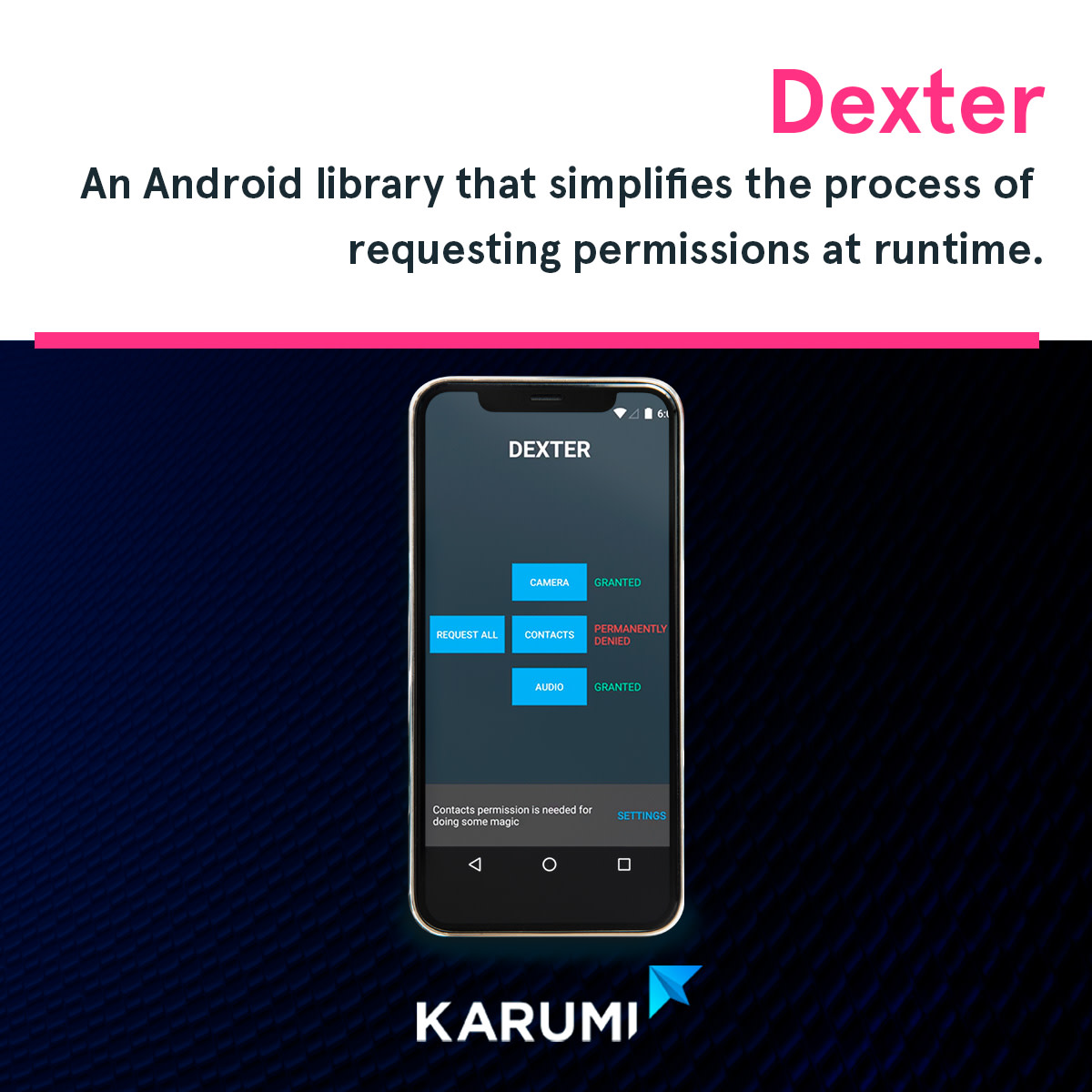 goKarumi's tweet image. We created Dexter, an #AndroidLibrary that frees your permission #code from your activities and lets you write that logic anywhere you want 💻. Go ahead and try it! ➡ bit.ly/2VCGqhV