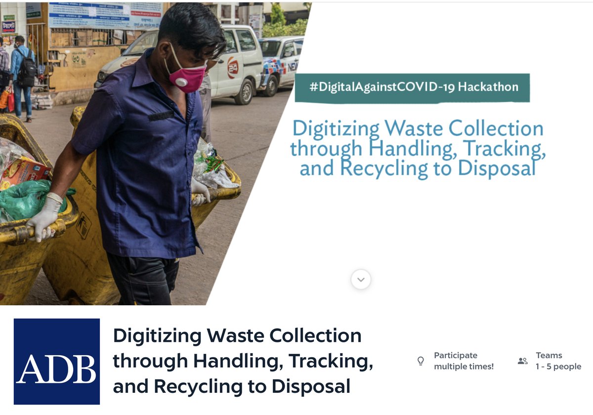 ACEF_Forum's tweet image. Do you have a digital solution to waste reduction? Join the @ADB_HQ  #DigitalAgainstCOVID19 hackathon. You can win US$10,000 for pilot testing if your solution is selected. Submit by July 6. #ADBHackathon bit.ly/3hDMYVQ