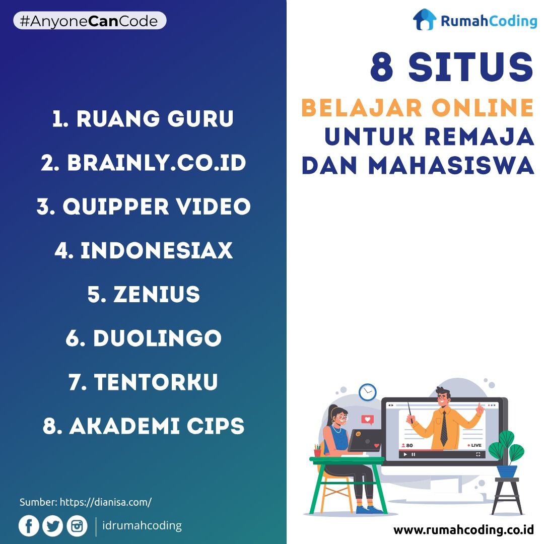 idrumahcoding's tweet photo. 8 Situs Belajar Online Untuk Remaja dan Mahasiswa
.
Sumber: https://t.co/W4CHmyuvTX
.
Follow @idrumahcoding, https://t.co/nUF6I36AXP
.
.
#situs #belajaronline #education #dirumahaja #ruangguru #brainly #quipper #zenius #dualingo #tentorku #akademicips #kursuscoding #rumahcoding https://t.co/edRNj0wcnz