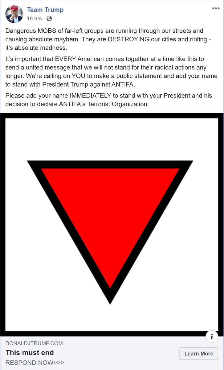  Confirmed: Team Trump on Facebook posted for Trump supporters to stand against Antifa - and added a giant upside down red triangle. Just google that "upside down red triangle" and see what comes up first.