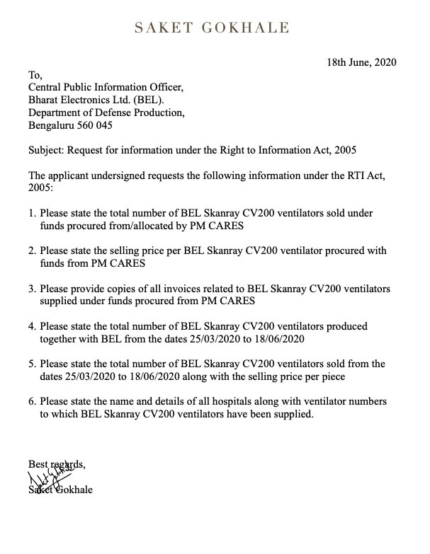 Chairman & MD of govt-owned BEL has threatened me with legal action for exposing the PM CARES ventilator scam.He forgot that BEL comes under RTI Act.Filed an RTI with BEL asking how many BEL Skanray CV200 ventilators were sold with funds under PM CARES & at what price.(1/2)
