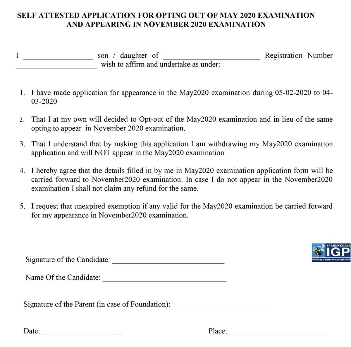 igpclasses's tweet image. Self Attested Application for #OptingOut of May 2020 #CAexaminations and Appearing in November 2020 #CAexams
👉 icaiexam.icai.org/Declaration/Op…

#CharteredAccountancy #CA #ICAI #CAexams #ICAIupdates #CAashishkalra #igpclasses #igpinstitute #IGP