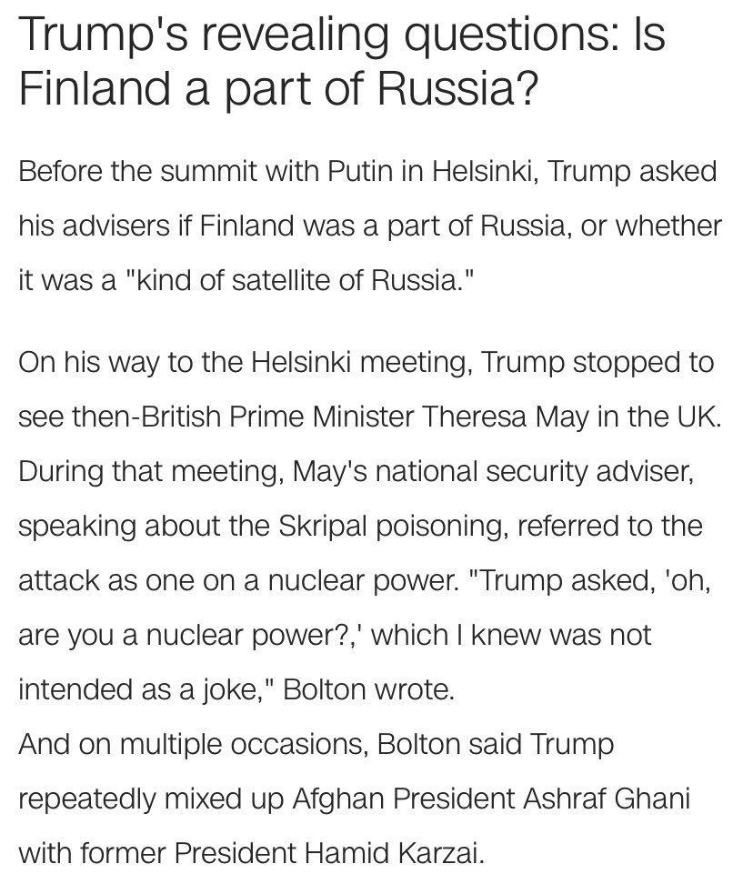 Trump asked if Finland was a part of Russia:That’s it. I’m running away to Nambia. Or maybe Nipple. He also <blinks> asked Theresa May’s national security advisor if the U.K. was a nuclear power. I fucking give up. 8/11