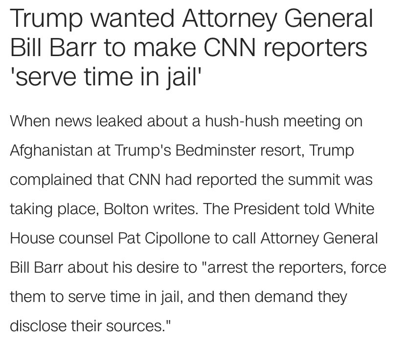 Trump wanted Barr to make CNN reporter serve time in jail:The most disappointing — and the least-surprising — item on this list. We all know Trump has authoritarian desires; thankfully, Barr hasn’t acted on them. ... yet. 10/11
