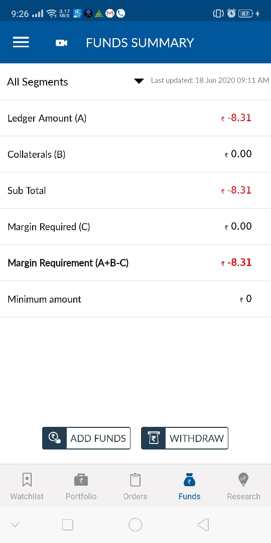 My current fund status in  @AngelBrokingLtd web, mobile & statement, all 3 showing different status. Margin in cash is forced to us, there is no way to differentiate.Using  @zerodhaonline since 5 years but never faced any such issue, their funds are so clean with no complexities.