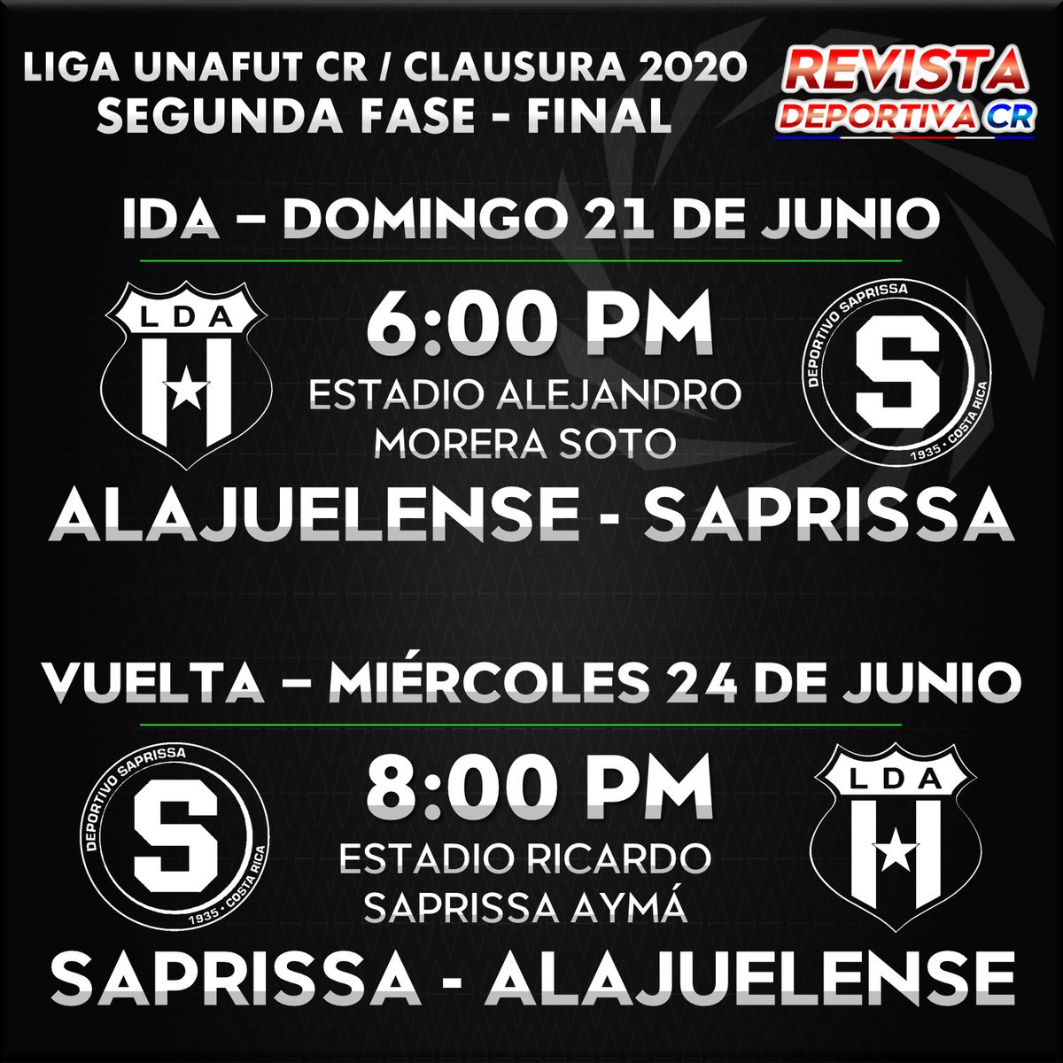DeportivaCR's tweet image. Definidos los horarios de la Final de Segunda Fase
entre @SaprissaOficial vs @ldacr 

#ClasicoEnDeportivaCR #LDAvSAP #SAPvLDA 
@UnafutOficial