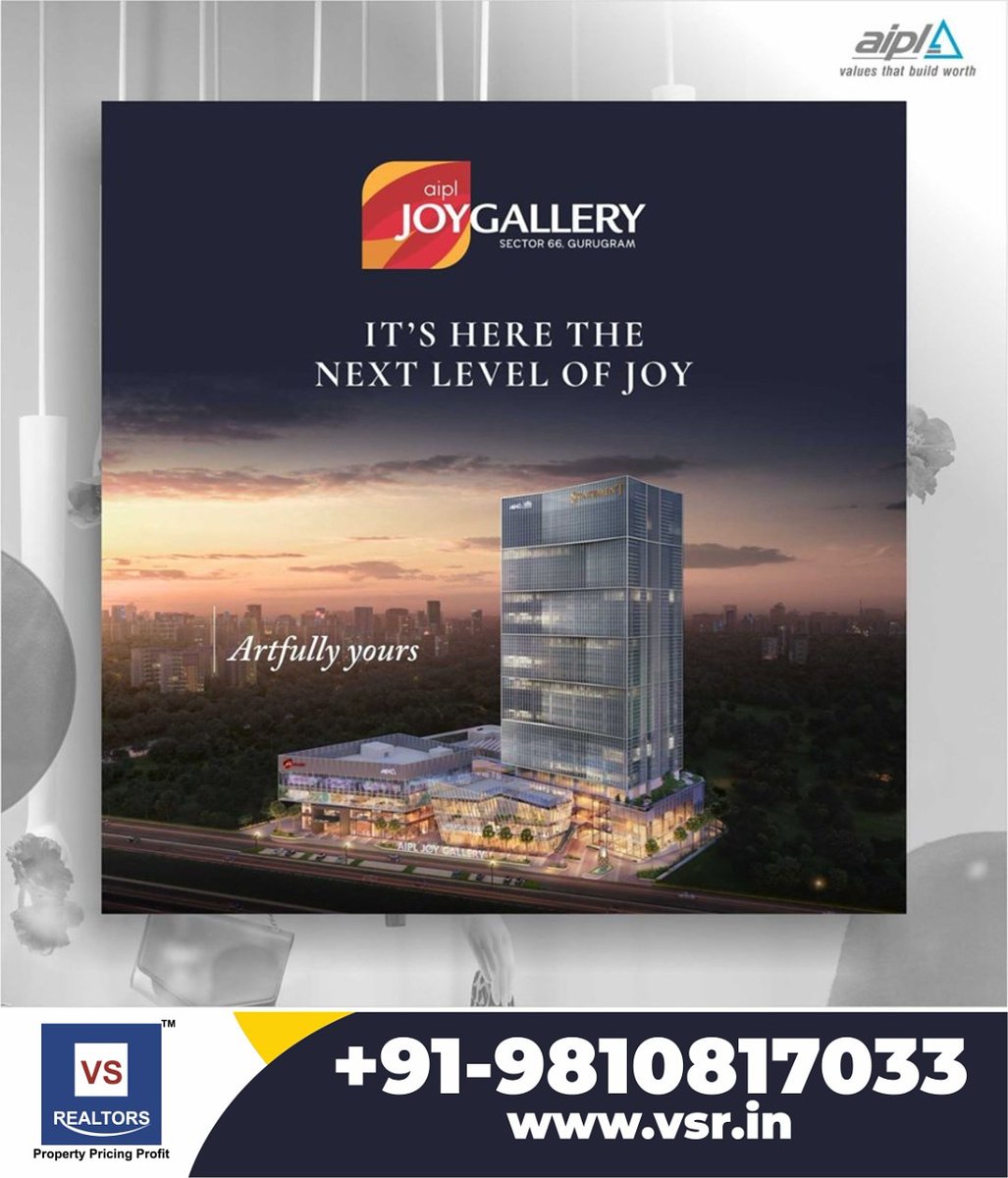 The flagship of the joy series, AIPL Joy Gallery is set to be a mixed-use retail experience, like never before.

#ArtfullyYours #JoyGallery  #GolfCourseExtensionRoad #VSRealtors #Realestatecompany #Gurgaon

For More Details
📞 +91-9810817033
🌐 vsr.in