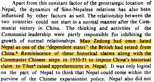 Let's move to Ghoble, whose text is a great primer, but also outdated now. Ghoble asserts (p. 39) Mao thought of Nepal as a dependent state. He sources it to 2 texts. [Note, beyond Patterson, no one has said 'five fingers' policy]