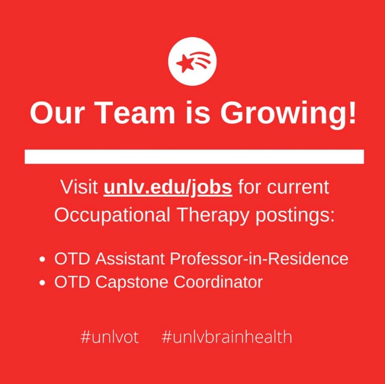 UNLVOT's tweet photo. Become a part of the growing OT and Brain Health Team! Learn more about our faculty positions at https://t.co/Co2iv97zyJ @unlvot @unlvbrainhealth @unlvsihs https://t.co/mCD3a4pGeq