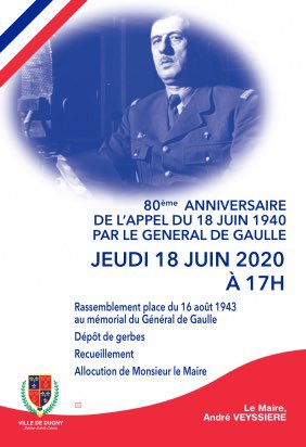 AVeyssiere's tweet photo. Aujourd’hui, 18 juin 2020 
Cérémonie commémorative du 80ème anniversaire de l’appel du 18 juin 1940 par le Général de Gaulle.

17h Rassemblement place du 16 août 1943 au mémorial du Général de Gaulle
Dépôt de gerbes
Recueillement https://t.co/8RYb6DOb4f