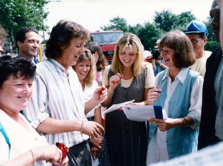 Paul visited the construction site of LIPA - Liverpool Institute for Performing Arts - it was founded by Paul McCartney and Mark Featherstone-Witty at the building of Paul's old school.