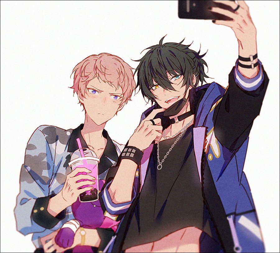 multiple boys 2boys male focus heterochromia pink hair selfie jewelry  illustration images
