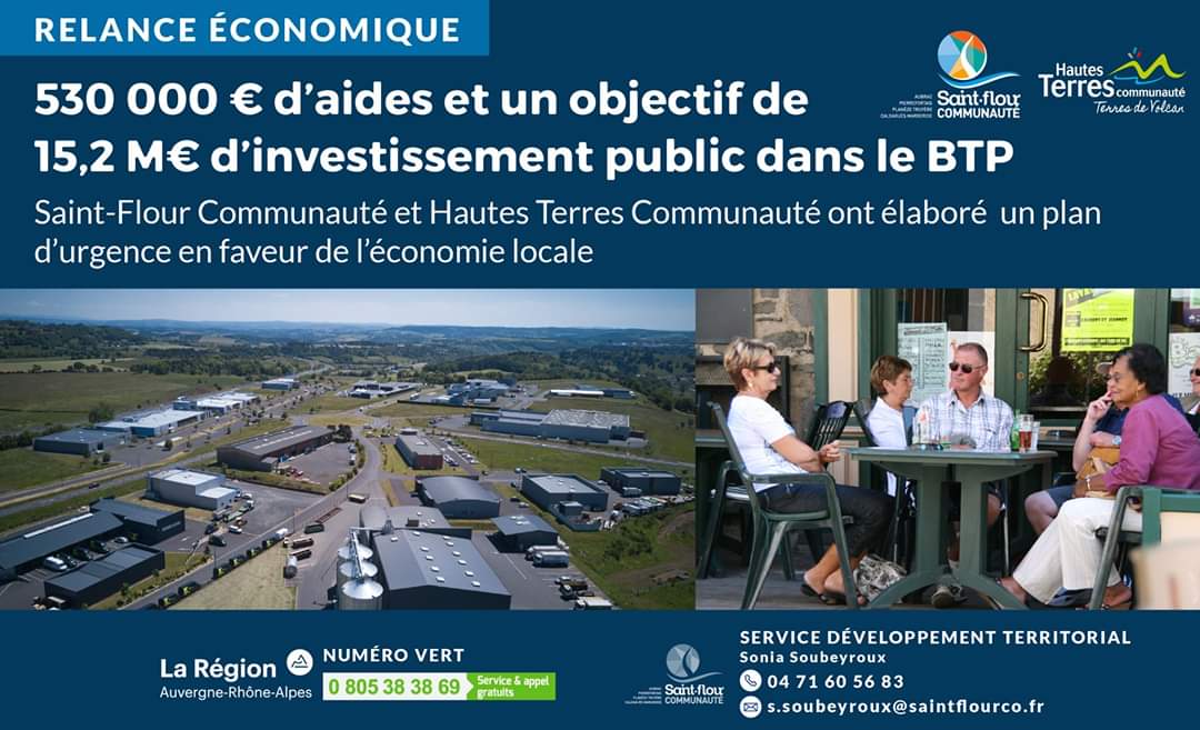 Saint-Flour Communauté et Hautes Terres Communauté ont élaboré un plan d’urgence en faveur de l’économie locale :
🔹 530 000 € d’aides
🔹 Objectif de 15,2 M€ d’investissement public dans le BTP 

#covid19 #economie #relance #urgence 

ℹ️  En savoir + : bit.ly/relance-économ…