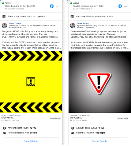 Less than 24 hrs after it went up, Trump's campaign has already pulled the anti-antifa Facebook ad with the red triangle.The ads now feature stop-signs & yield-signs with the same fear-mongering message about "dangerous MOBS of far-left groups" destroying the country.