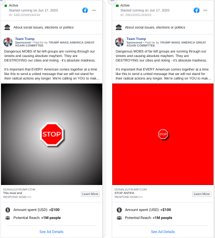 Less than 24 hrs after it went up, Trump's campaign has already pulled the anti-antifa Facebook ad with the red triangle.The ads now feature stop-signs & yield-signs with the same fear-mongering message about "dangerous MOBS of far-left groups" destroying the country.