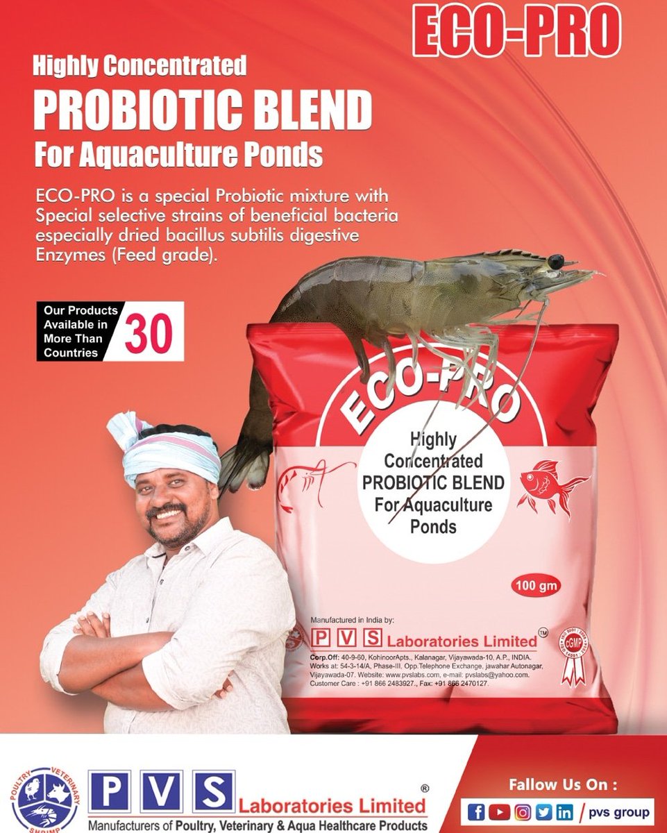 Highly #ConcentratedProbiotic blend for #Aquaculture...#Ecopro is produced  from special #ProbioticStrains.... just with small dose of #Ecopro will reduce the complete bacterial load & improves the pond water parameter conditions.
#PVSLaboratoriesLimited
#PVSGROUP