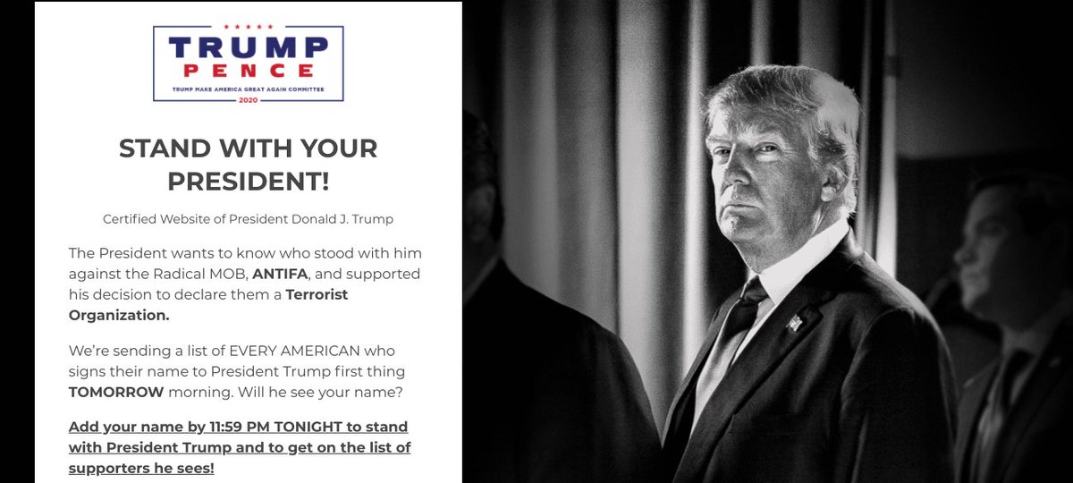 The campaign ads on Facebook link to a petition on Trump's "certified website", which calls on people to stand with him "against the Radical MOB, ANTIFA," and to "support his decision to declare them a Terrorist Organization." (He hasn't declared that, though...)