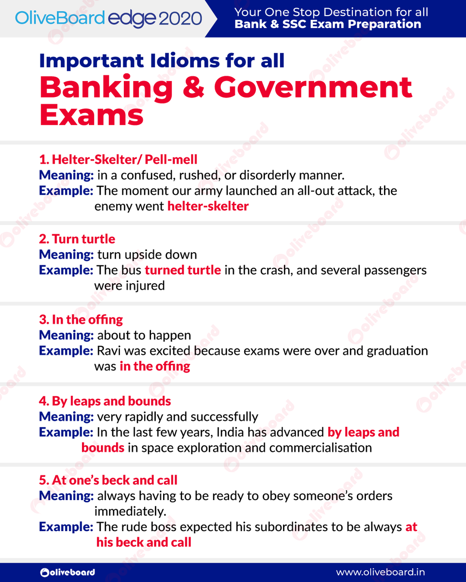 Oliveboard's tweet photo. [Important for all Banking &amp; Government Exams] Here's a list of Idioms with their meanings &amp; examples.

Get Free eBooks here: https://t.co/0ru4G84VMa
Get the EDGE 2020 subscription here: https://t.co/KRj8jn82kG

#idioms #Oliveboard #English #ExamExperts #TopFaculty #BankExams https://t.co/qb1lNiUK2q