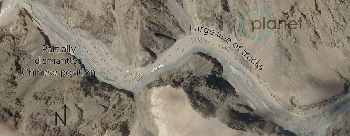 Imagery released by  @PlanetLabs from June 16th shows that the forward most Indian positions had been dismantled (though a casuality collection point had been set up), and some Chinese posts had been partially dismantled too. They also show ~100 trucks on the Chinese side.