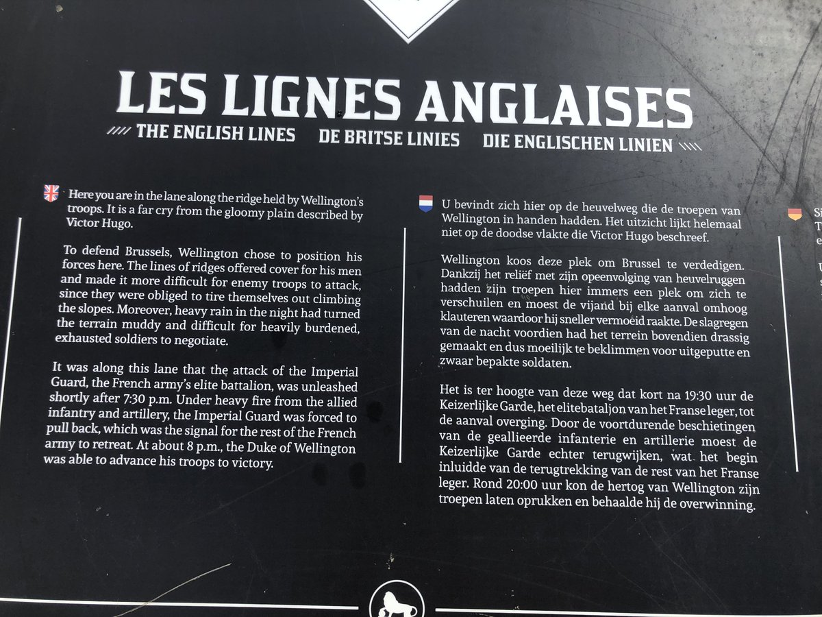 The English, French and German battlefield information boards nevertheless describe Wellington’s lines as “English”, even though the famous Hougoumont farm advance post nearby has a memorial to the Coldstream Guards regiment that originated in Scotland. (5/7)
