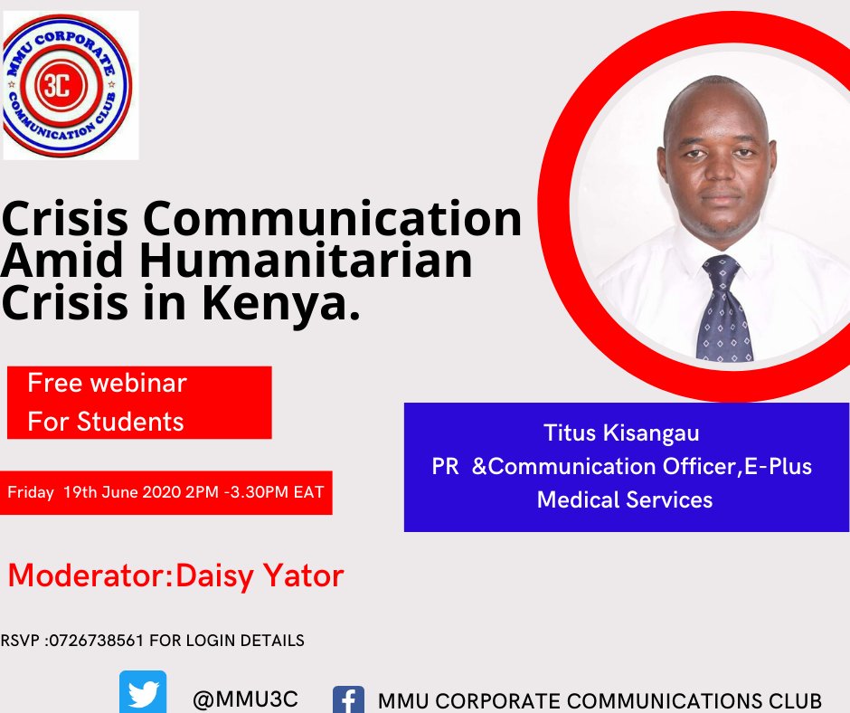 I am excited to host <a href="/titoskills/">Titus Kisangau</a> from <a href="/EMS_Kenya/">E-PLUS MEDICAL SERVICES</a> on our weekly chat <a href="/mmu3C/">MMU 3C - MMU Corporate Communication Club</a>. These virtual chats provide a room for mentorship and continued learning among university students and peers.