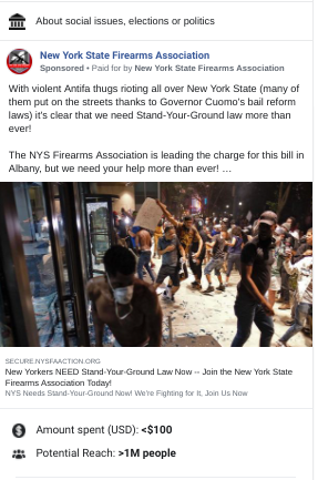 America First Action (another pro-Trump PAC) is also running fear-mongering ads about antifascists "wreaking havoc" in US cities, as are several pro-gun groups. The pro-gun groups are using Facebook to call on people to prepare to "take matters into our own hands."