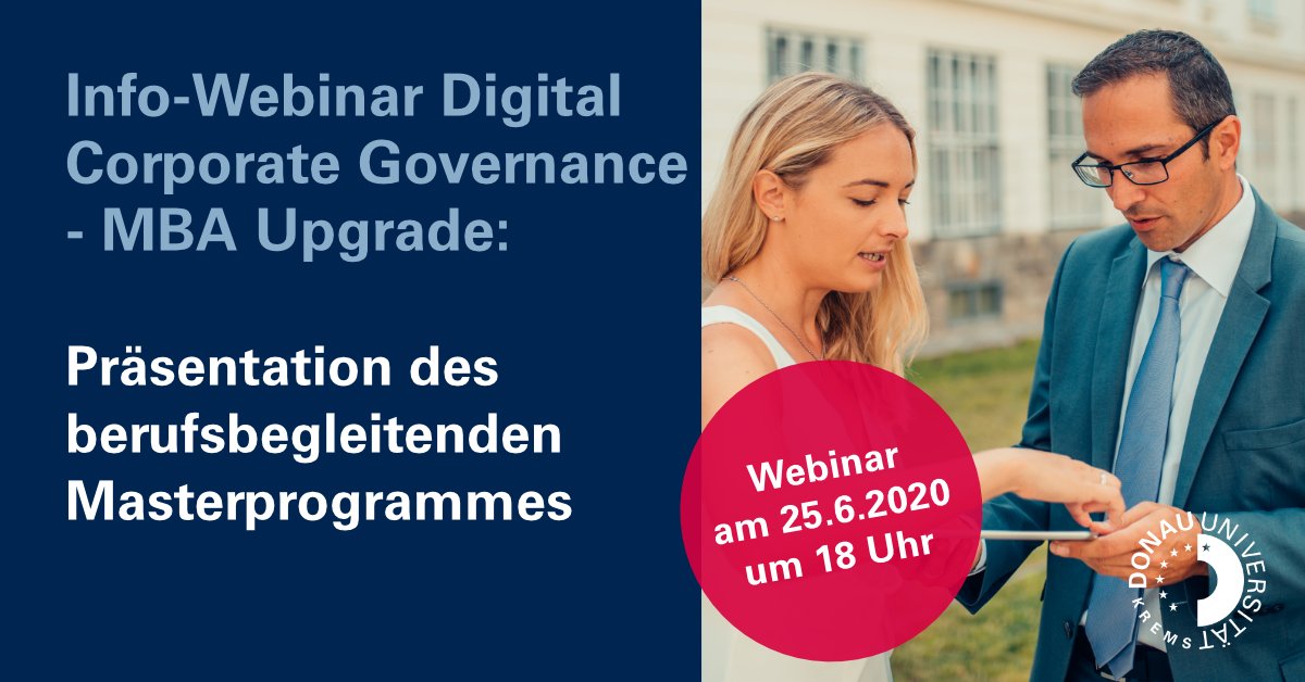 eGovKrems's tweet image. Jetzt ist der richtige Zeitpunkt für #Kompetenzerweiterung mit einem Upgrade zum #MBA: Exklusiv für AbsolventInnen des "Professional MSc Management und IT" bieten wir das Upgrade-Programm "Digital CorporateGovernance MBA" an. Anmeldung: bit.ly/37MomG8