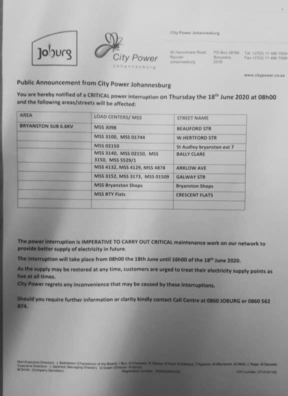 #ward102update Planned <a href="/CityPowerJhb/">@CityPowerJhb</a> power outage to some streets in Bryanston today, starting soon ⚡️