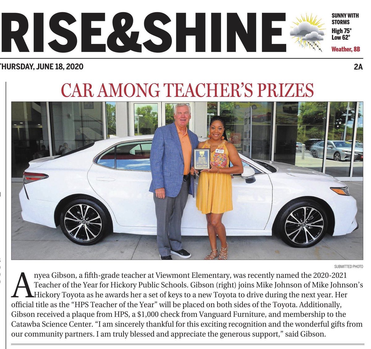 hickoryschools's tweet photo. Printed in today’s HDR! Exciting times for Anyea Gibson, Teacher of the Year! Thank you to Mike Johnson for providing this beautiful Toyota for the next year! We also appreciate the wonderful support from Vanguard Furniture & Catawba Science Center! #HPSpartners #hickoryschools https://t.co/f9K3X8KCzg