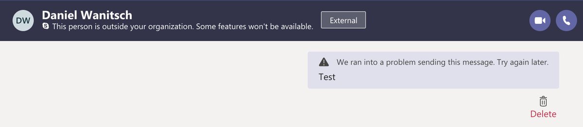 wanitsch's tweet photo. @MicrosoftTeams Seems that Skype interoperability is launched - yet I get constant errors when trying to send messages from Teams. Does it depend on some settings that I might have missed? https://t.co/x1EPMpthhQ