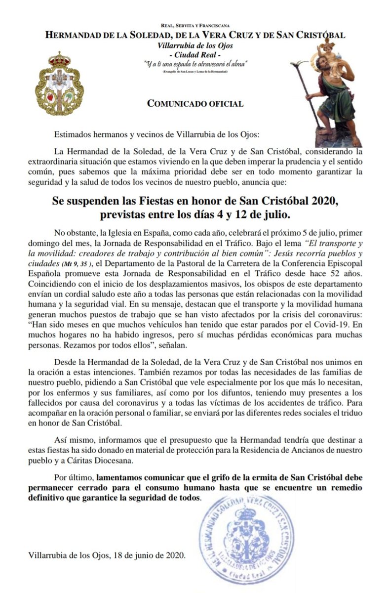 COMUNICADO OFICIAL | Se suspenden las Fiestas en honor a San Cristóbal 2020.