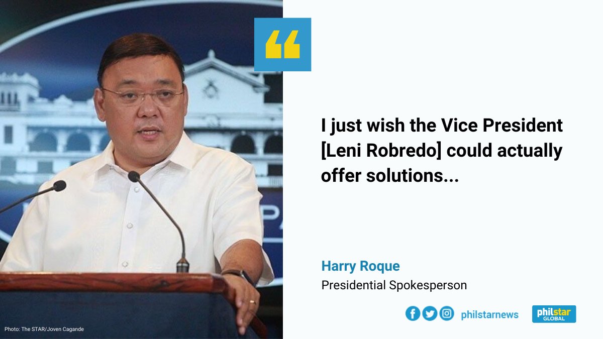 Although the Office of Vice President  @lenirobredo has been working on its own COVID-19 relief since the start of the quarantine, palace spokesman Harry Roque on a Wednesday interview with ANC said he wishes the Vice President would come up with solutions.