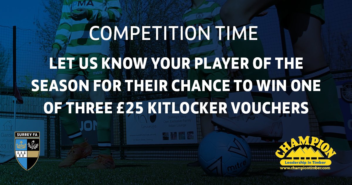 Surrey FA (@surreyfa) on Twitter photo 📢 Calling all youth (male) clubs and teams!
We want to know your player of the season and tell us why they should be one of three players to win a £25 <a href="/kitlocker/">Kitlocker.com</a> voucher courtesy of our sponsors <a href="/championtimber/">Champion Timber 🏆🌲</a>!
Nominate here 👉 bit.ly/ChampionPOTS
#ThisIsSurreyFootball 📢 Calling all youth (male) clubs and teams!
We want to know your player of the season and tell us why they should be one of three players to win a £25 <a href="/kitlocker/">Kitlocker.com</a> voucher courtesy of our sponsors <a href="/championtimber/">Champion Timber 🏆🌲</a>!
Nominate here 👉 bit.ly/ChampionPOTS
#ThisIsSurreyFootball