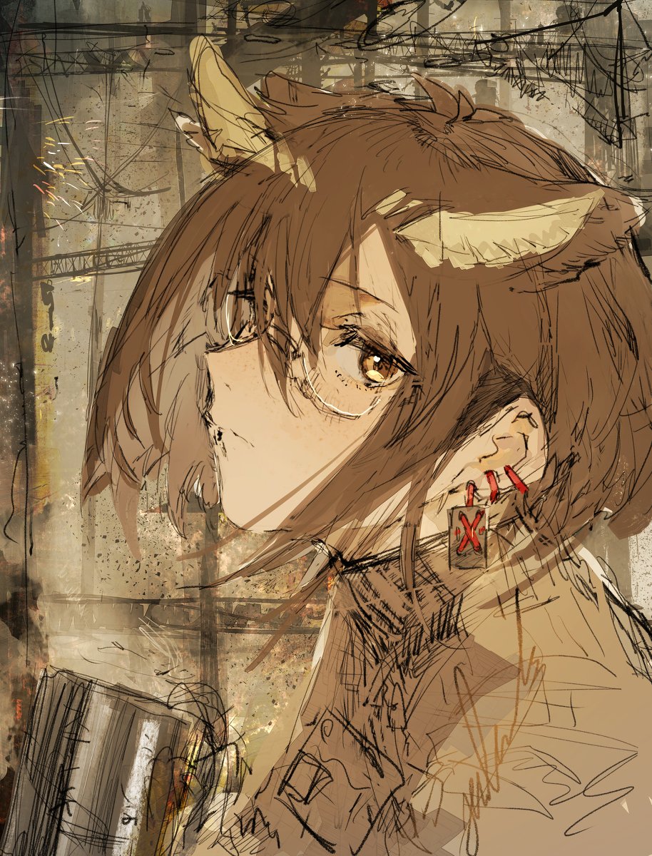 silence (arknights) 1girl solo brown hair glasses short hair jewelry earrings  illustration images