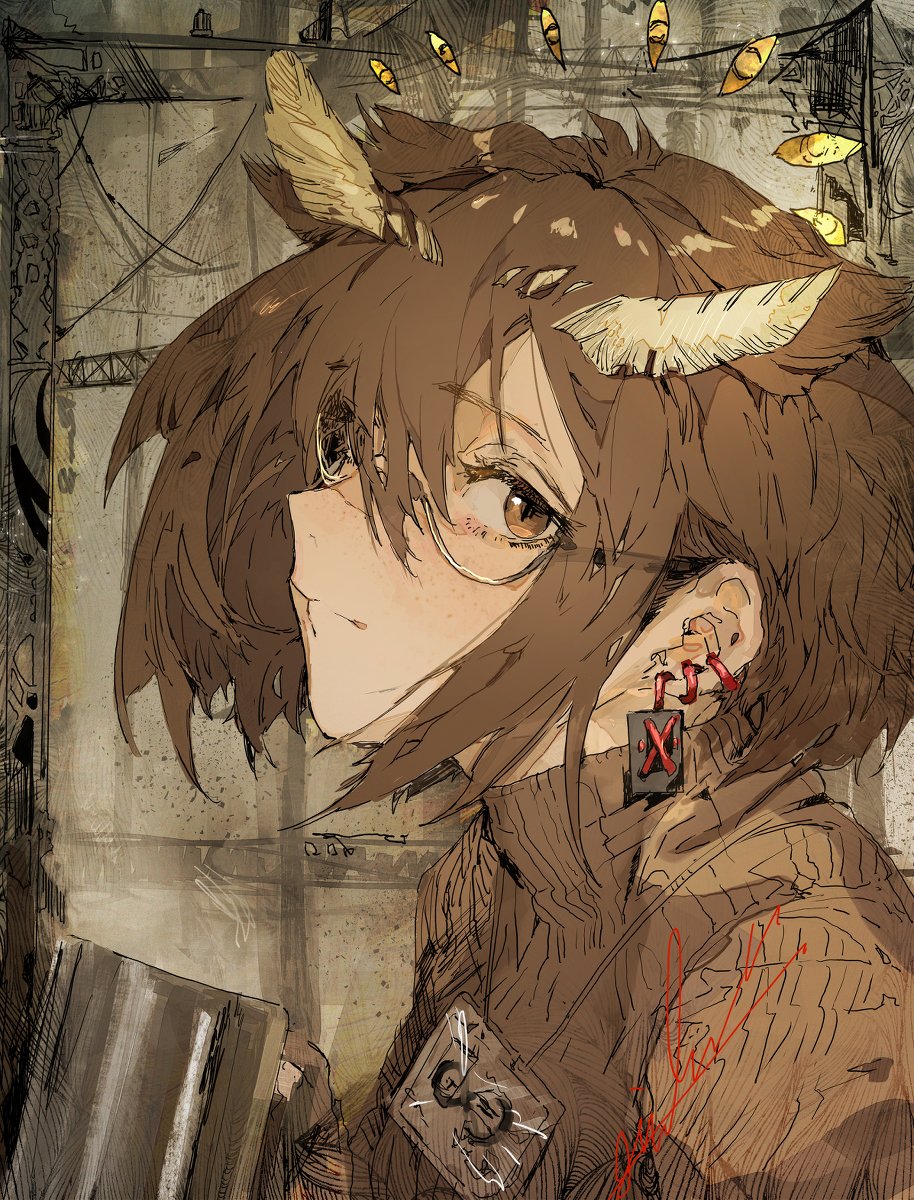 silence (arknights) 1girl solo brown hair glasses short hair jewelry earrings  illustration images