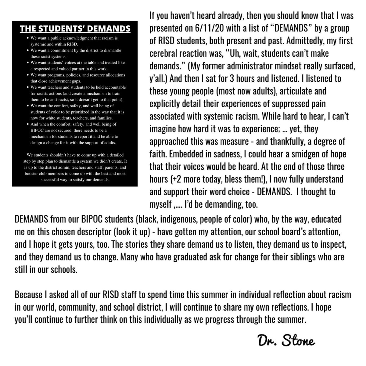 I recently received these Student Demands, and I am sharing these reflections. #RISDSaySomething