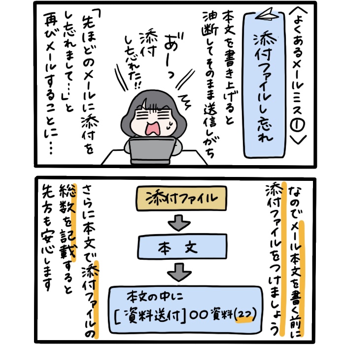 【ビジネスメールのうっかりミスを防ぐコツ】
添付を忘れたままメールしてしまいがちですよね…。
「本文書く前に添付する!」といつも唱えてます。
#ビジネスメール #営業職 #営業マンガ

その他の営業マンガはこちら!
https://t.co/25D9K7otNS 