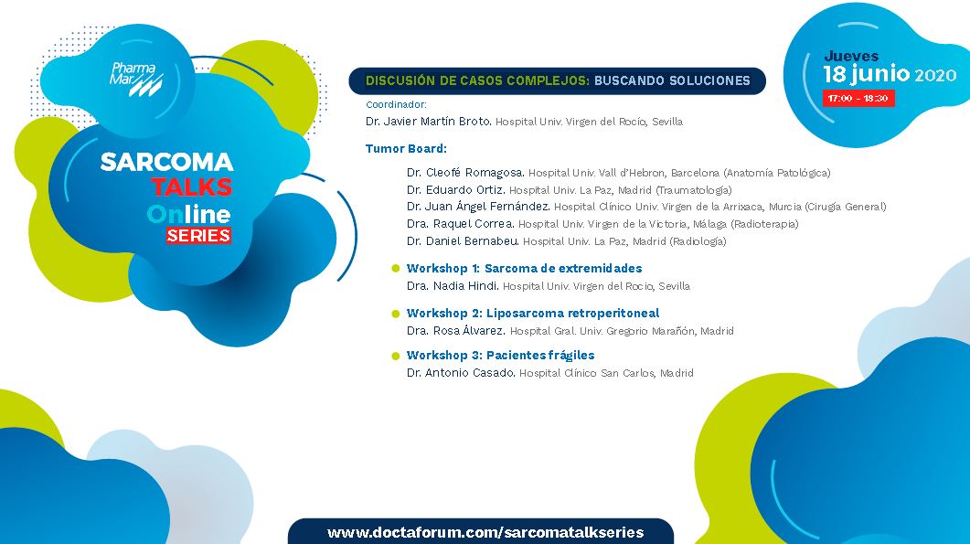 SelnetH2020's tweet photo. No te pierdas la tercera edición de #SarcomaTalksOnlineSeries de @PhrmMar Hoy Jueves 18 de Junio a las 17h, DISCUSIÓN DE CASOS COMPLEJOS: BUSCANDO SOLUCIONES
Varios expertos discutirán en comité multidisciplinar casos complejos de pacientes con #sarcoma https://t.co/qvmb9dHhBe https://t.co/sPfCPPETyR