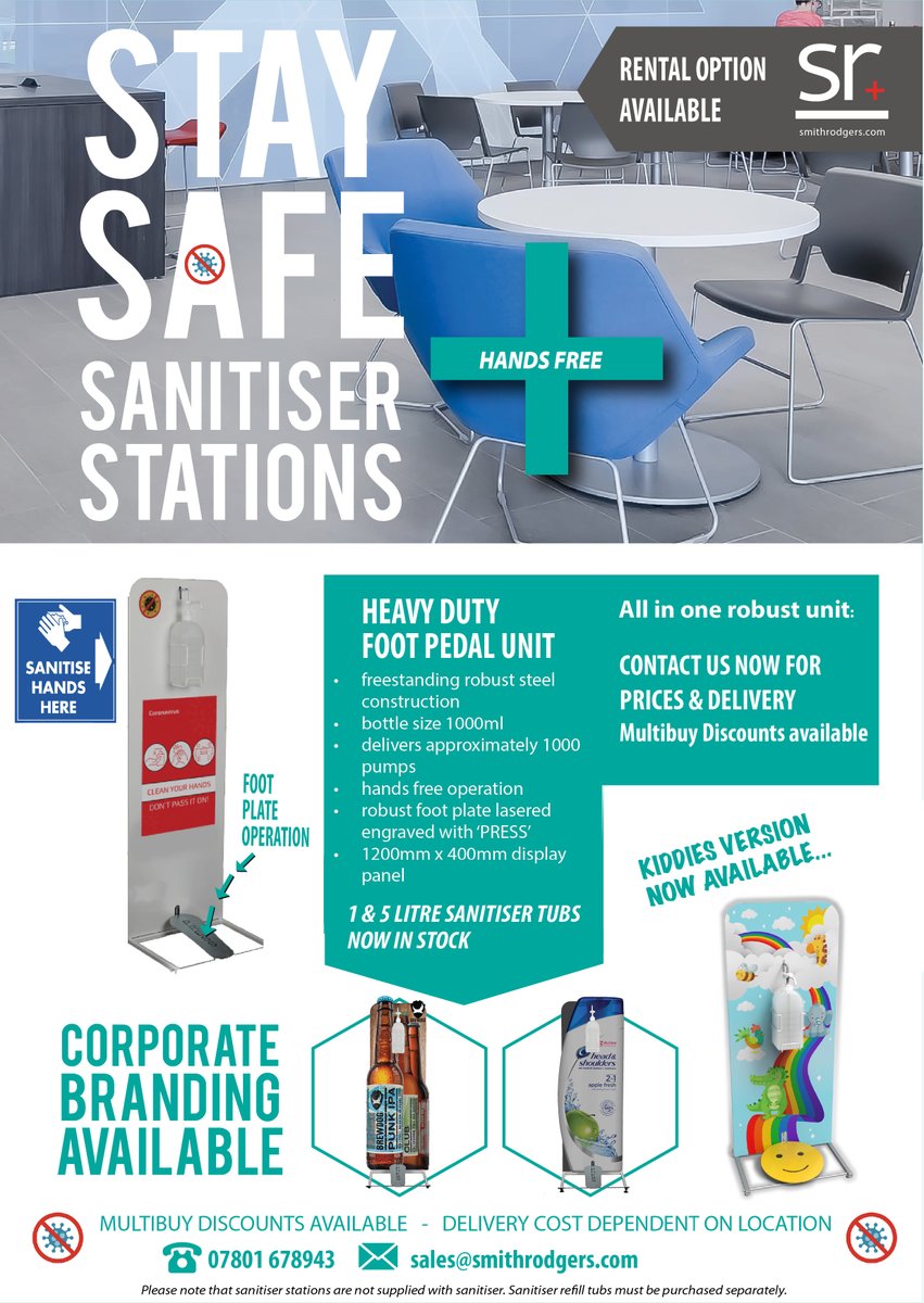 SmithRodgers's tweet image. Sanitiser stations now available from stock. Buy or Rent from only £9.99 per month. Your own branded graphics