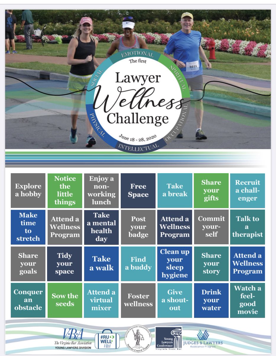 Its time for the Lawyer Wellness Challenge! Register today and check out the interactive Activity Board! 10-days of informational, interactive, and fun activities - a virtual competition!  #VAWellnessWins #vbayld   <a href="/VABarAssn/">Virginia Bar Association</a> <a href="/VSBYLC/">VA Young Lawyers</a> <a href="/virginiajlap/">VirginiaJLAP</a>   vba.org/events/event_d…