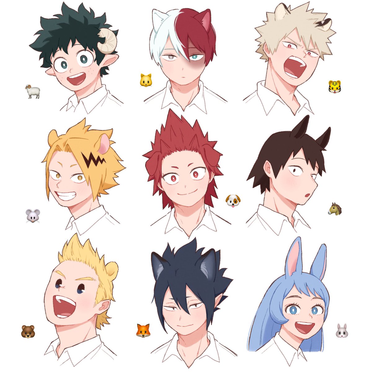 bakugou katsuki ,midoriya izuku ,todoroki shouto red hair animal ears horns blonde hair smile 6+boys open mouth  illustration images