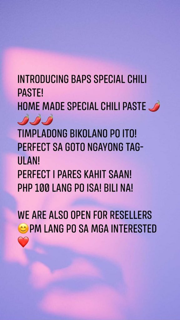 tsebureche's tweet photo. May nakaramdam na ng sekreto ng Baps! Hahaha salamat Christian Jay Bolico sa good feedback!Mahilig sa maanghang? Bakit di mo subukan ang Baps SpecialHome made chili paste!Timpladong Bikolano po ito!Perfect sa goto ngayong tag-ulan!Perfect i pares kahit saan!
P100 lang isa! Pm me! https://t.co/KfyEvRfl6n