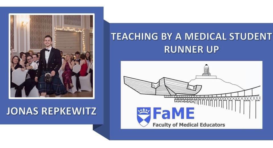 DUMedEdSoc's tweet photo. Congratulations to our new Co-President who was runner-up in the FaME awards for teaching by a medical student! DUMES is in excellent hands for next year! Well done Jonas 🎉 https://t.co/R4uTgolnka
