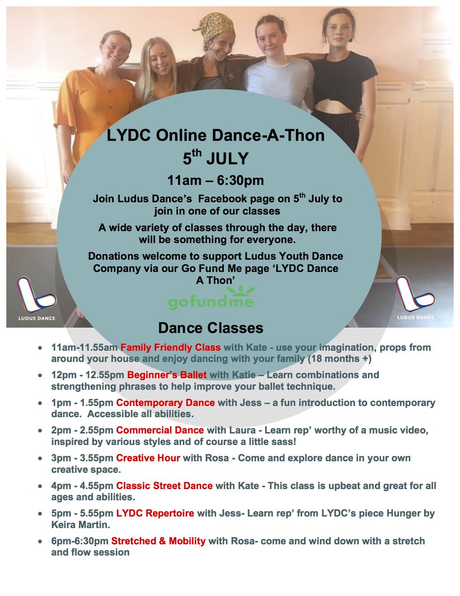 Join us on Sunday 5th July over on <a href="/ludusdance/">Ludus Dance</a> Facebook page for a jam-packed Dance–a–thon 💃

Donations are welcome to help support bursaries for future LYDC members 😊
Find out more: gofundme.com/f/lydc-dance-a…
