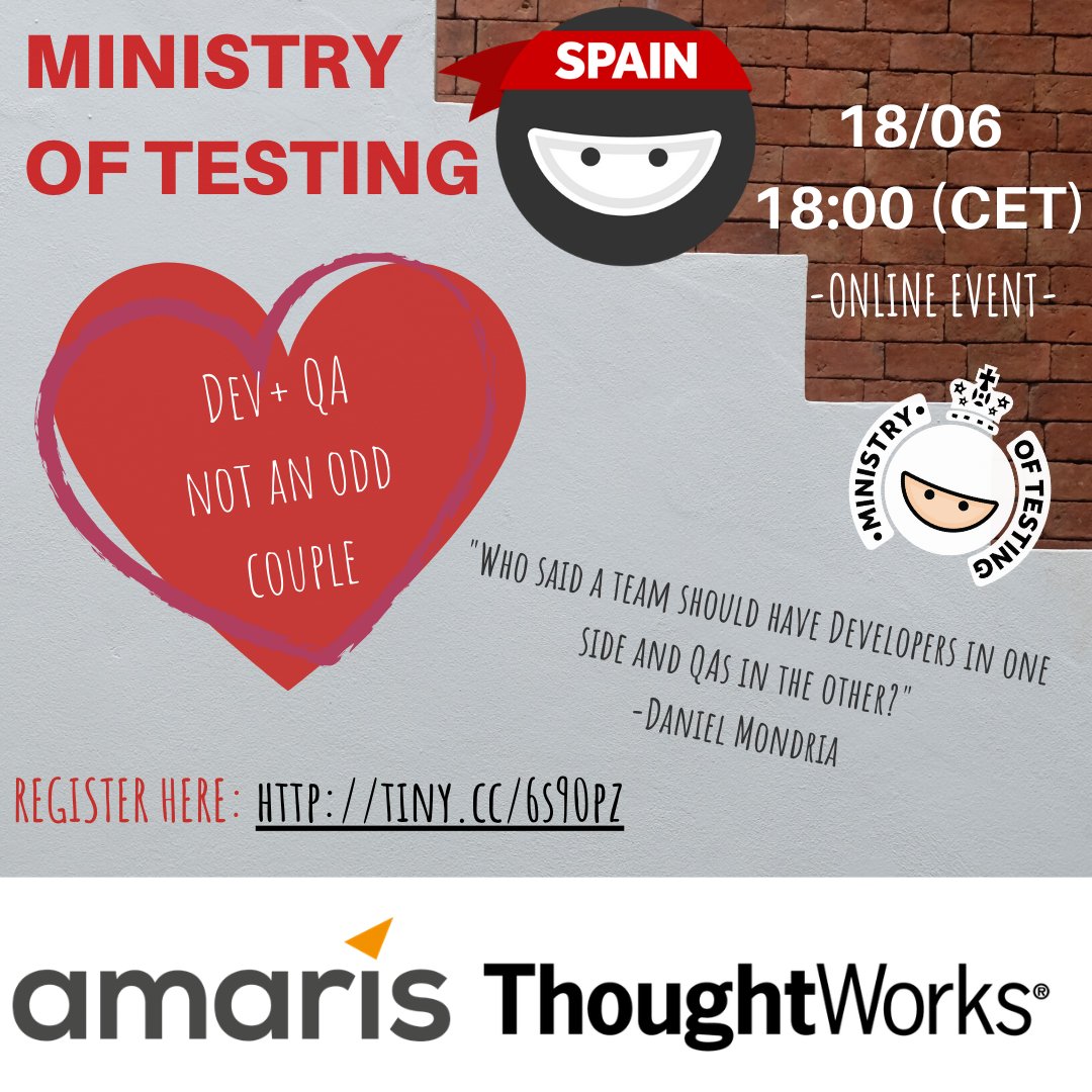 magicrat75's tweet photo. Today at 6pm CET I'm talking about DEVs and QAs and how to get them to collaborate much more. You can still register for it here: https://t.co/ILYE7809uS
#DevPlusQaNotOddCouple #motspain #developers #qa https://t.co/NGjXb3h2l6